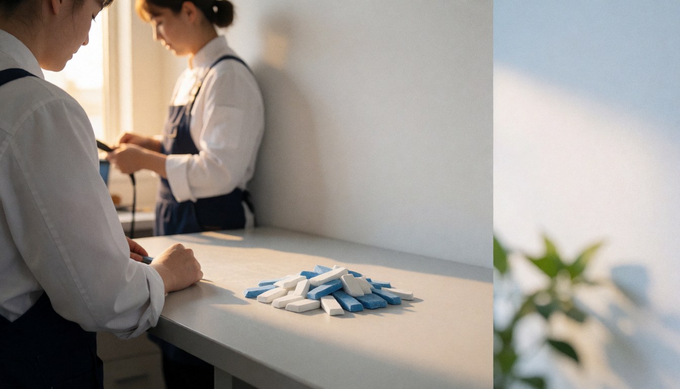 Pile de craies blanches et bleues posées sur une table de travail avec une couturière en arrière-plan flou