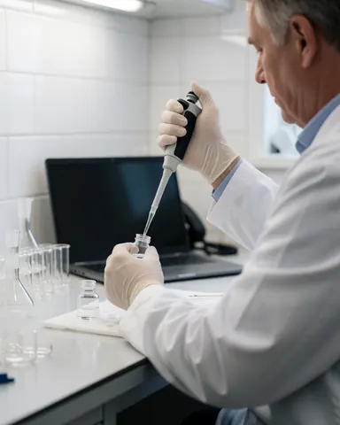 Un technicien en laboratoire utilise une pipette pour transférer un liquide dans un flacon, sur un plan de travail propre et ordonné avec des murs carrelés blancs et du matériel en verre.