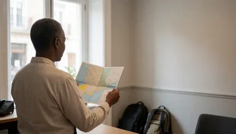 Vue arrière d'un voyageur examinant une carte dans le hall d'une auberge, avec des sacs en arrière-plan et une lumière naturelle entrant par la fenêtre.