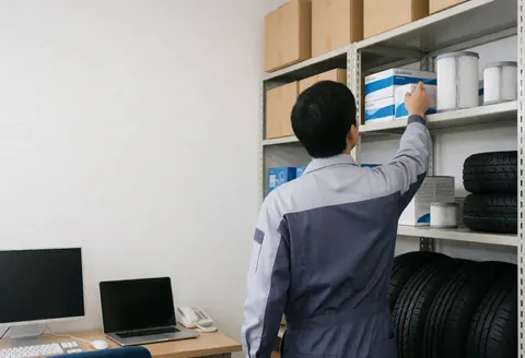 Un mécanicien en uniforme saisit un filtre à air sur une étagère haute dans un atelier de motos avec pneus et boîtes organisées.