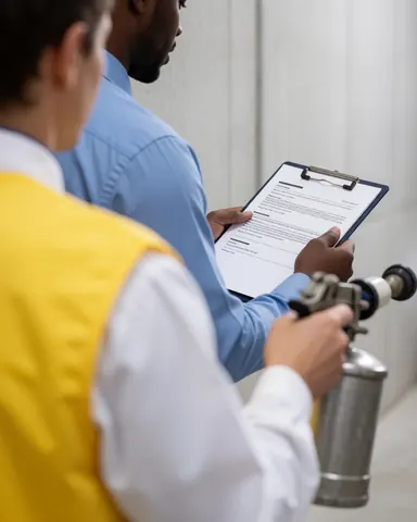 Un client examine un document pendant qu'un travailleur en gilet jaune effectue un nettoyage industriel dans un entrepôt aux murs en béton.