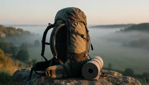 Sac à dos de camping avec tapis de sol enroulé posé sur une roche, offrant une vue panoramique sur une vallée enveloppée de brume au lever du jour, idéal pour illustrer un site web de camping.