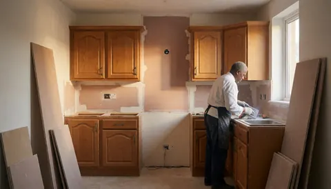Un professionnel répare des murs dans une cuisine à l'aide de plaques de plâtre et d'outils, illustrant le processus de restauration des murs.
