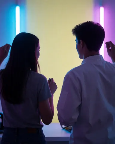 Deux jeunes dansent avec énergie lors d'une fête, éclairés par des lumières néon bleues et violettes, dos tourné vers l'appareil photo, sur fond de murs clairs.