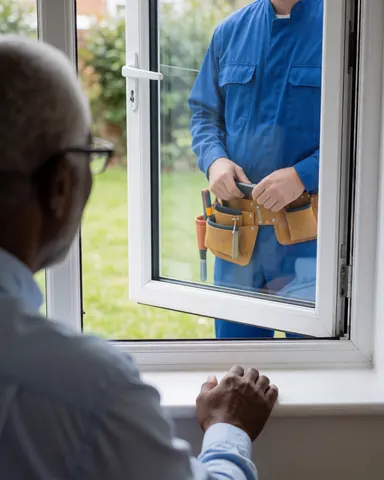 Un client observe depuis l'intérieur l'installation d'une fenêtre à double vitrage par un technicien avec des outils, révélant un jardin vert à l'extérieur.