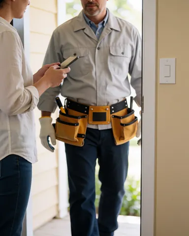 Technicien de chauffage avec ceinture d'outils arrivant chez un client, scène professionnelle réaliste.