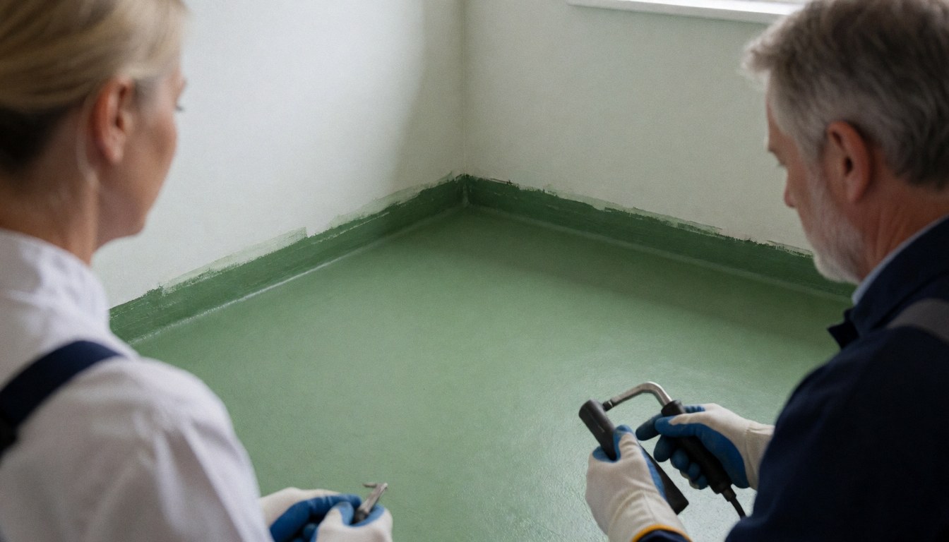 Deux professionnels examinent l'enduit vert appliqué dans un coin de salle de bain, outils à la main et lumière naturelle.