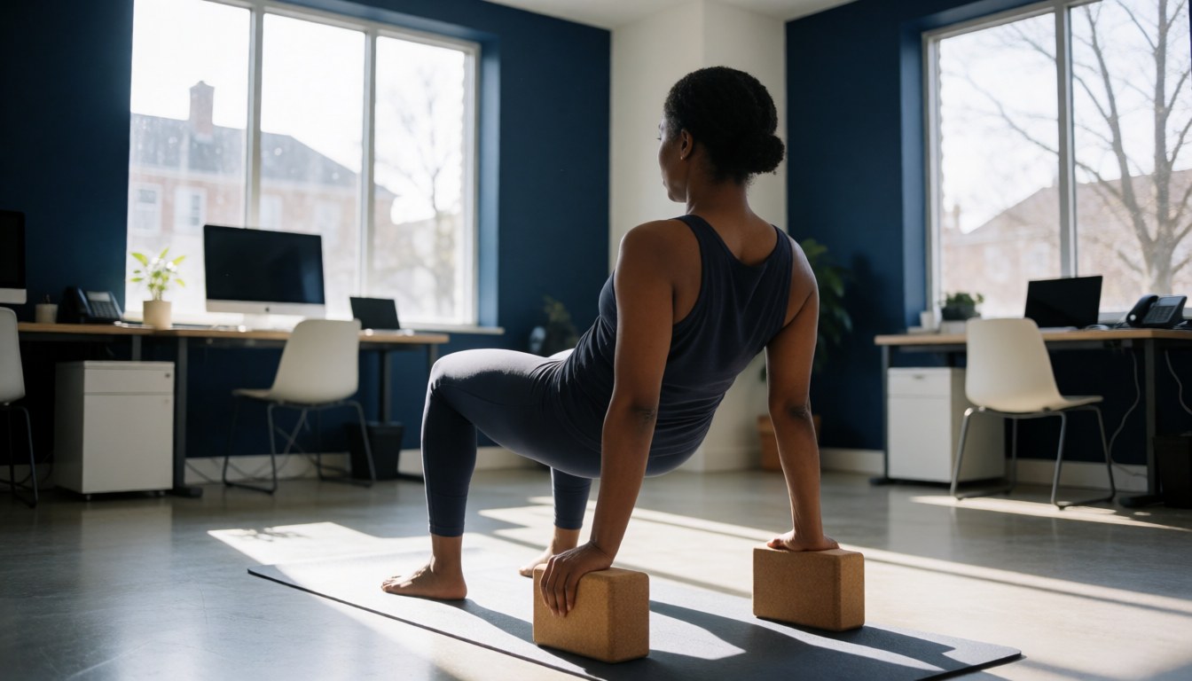 Une femme pratique le yoga avec des blocs dans un studio aux murs bleus et à la lumière naturelle, idéal pour un entraîneur personnel.