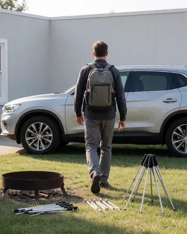 Un homme avec un sac à dos s'approche d'un SUV argenté dans un camping avec feu et tente.