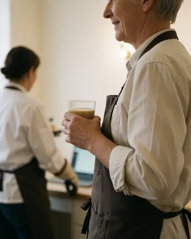 Un professionnel du café tient une boisson dans sa main, avec une autre personne travaillant en arrière-plan dans un environnement chaleureux et propre.