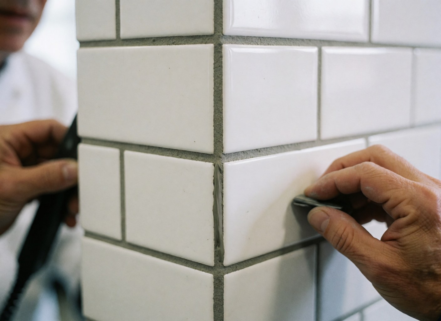 Main d'un carreleur appliquant du mortier gris entre des carreaux blancs brillants, avec un outil de ponçage en cours d'utilisation pour un détail de finition.