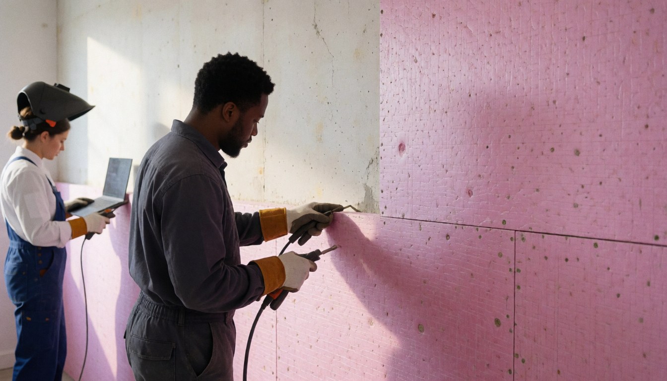 Un ouvrier pose des panneaux roses sur un mur de fondation avec une perceuse sous la lumière naturelle.