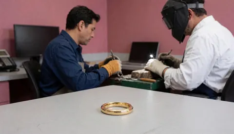 Deux artisans joailliers travaillent dans un atelier aux murs roses, avec une bague en or brillante au premier plan sur la table.