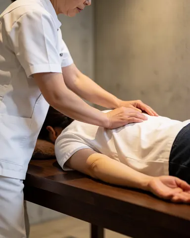 Un thérapeute effectue un massage ayurvédique sur un client allongé sur une table en bois, dans un espace avec un mur en béton et un éclairage chaleureux.