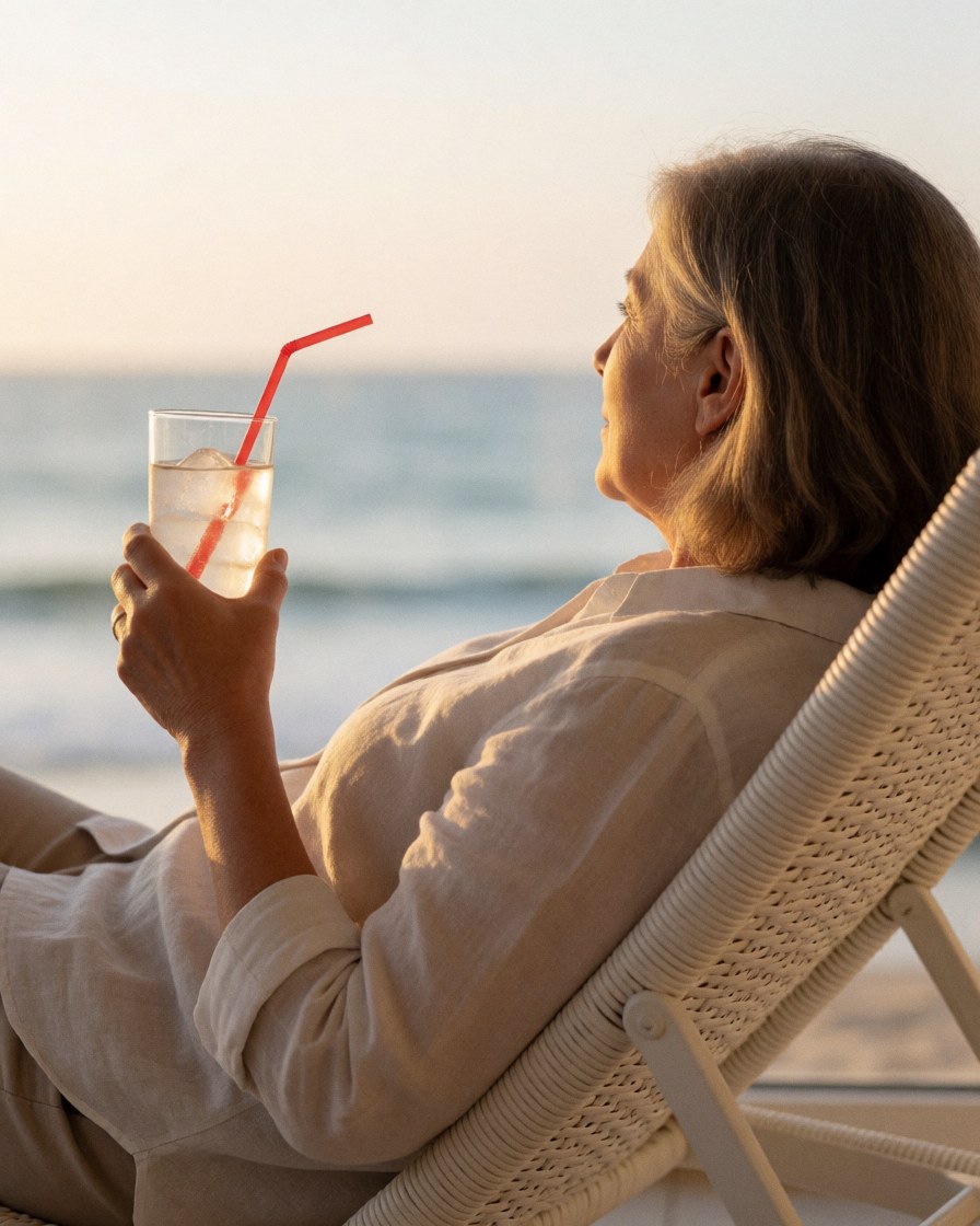 Une femme adulte savoure une boisson avec une paille dans un transat blanc, face à l'océan au coucher du soleil baigné de lumière dorée.