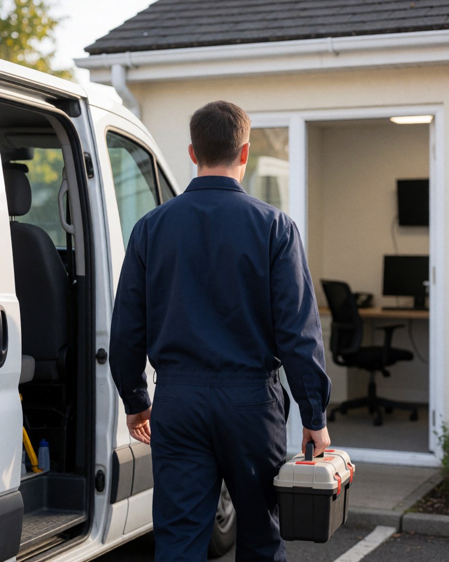 Technicien en uniforme marchant avec une trousse d'outils vers un bureau équipé d'un ordinateur pour une intervention de réparation.