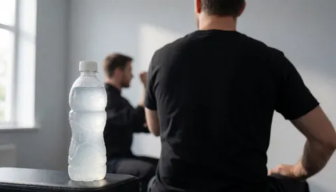 Bouteille de boisson fraîche avec des gouttes d'eau au premier plan, personne s'étirant en arrière-plan, idéal pour la couverture d'un site web de coach de crossfit.