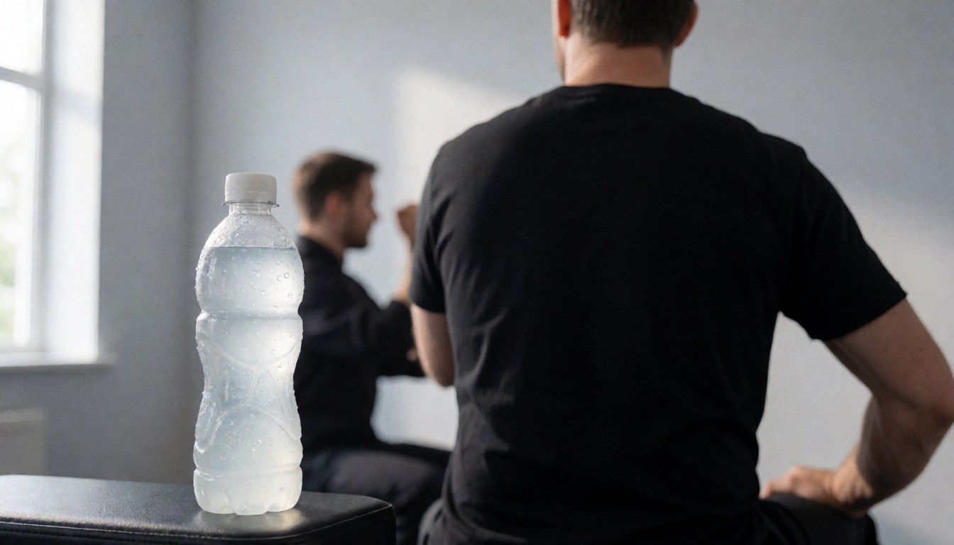 Bouteille de boisson fraîche avec des gouttes d'eau au premier plan, personne s'étirant en arrière-plan, idéal pour la couverture d'un site web de coach de crossfit.