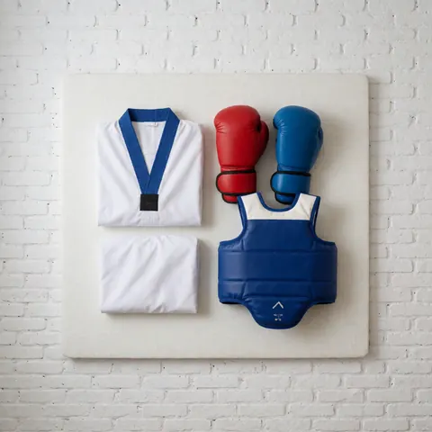 Dobok, gants et gilet de protection posés sur un tapis blanc devant un mur de briques blanches, idéal pour une école d'arts martiaux.