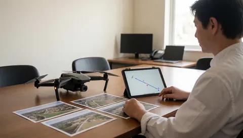 Un photographe aérien examine des images et la trajectoire sur une tablette, avec un drone noir posé sur une table en bois dans un bureau lumineux.