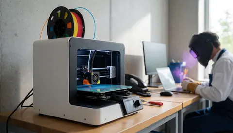 Imprimante 3D dans un atelier de robotique avec un technicien portant un casque de soudage, un mur en béton et une table en bois.