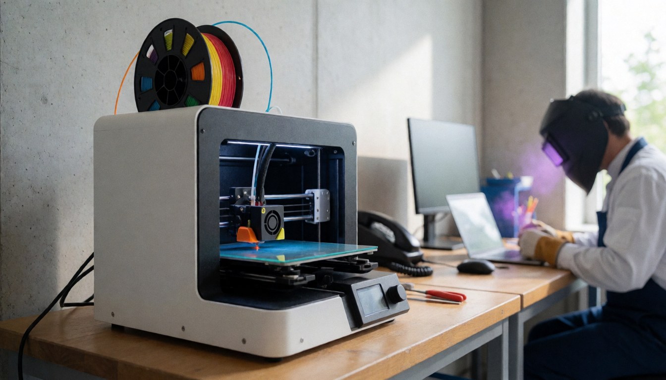 Imprimante 3D dans un atelier de robotique avec un technicien portant un casque de soudage, un mur en béton et une table en bois.