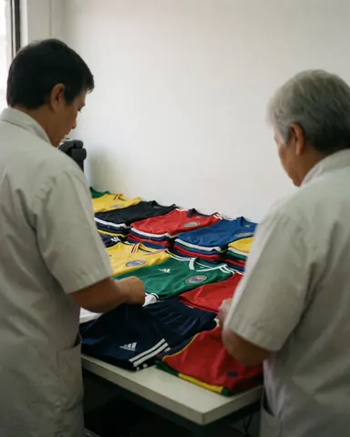 Deux travailleurs organisent des maillots et des shorts de football par couleur sur une table blanche dans une laverie.