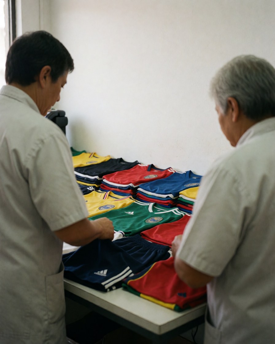 Deux travailleurs organisent des maillots et des shorts de football par couleur sur une table blanche dans une laverie.