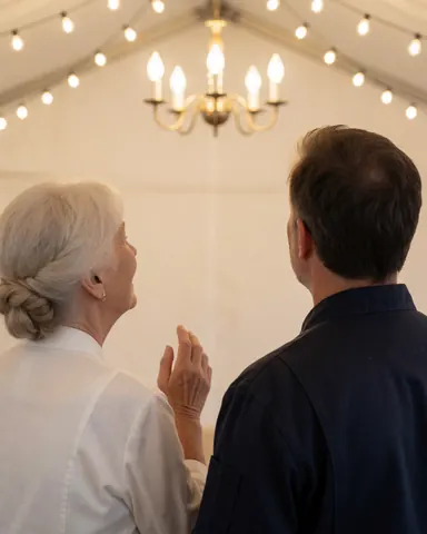 Une cliente souriante observe une lampe suspendue élégante et des guirlandes lumineuses à l'intérieur d'un magasin de location de mobilier.