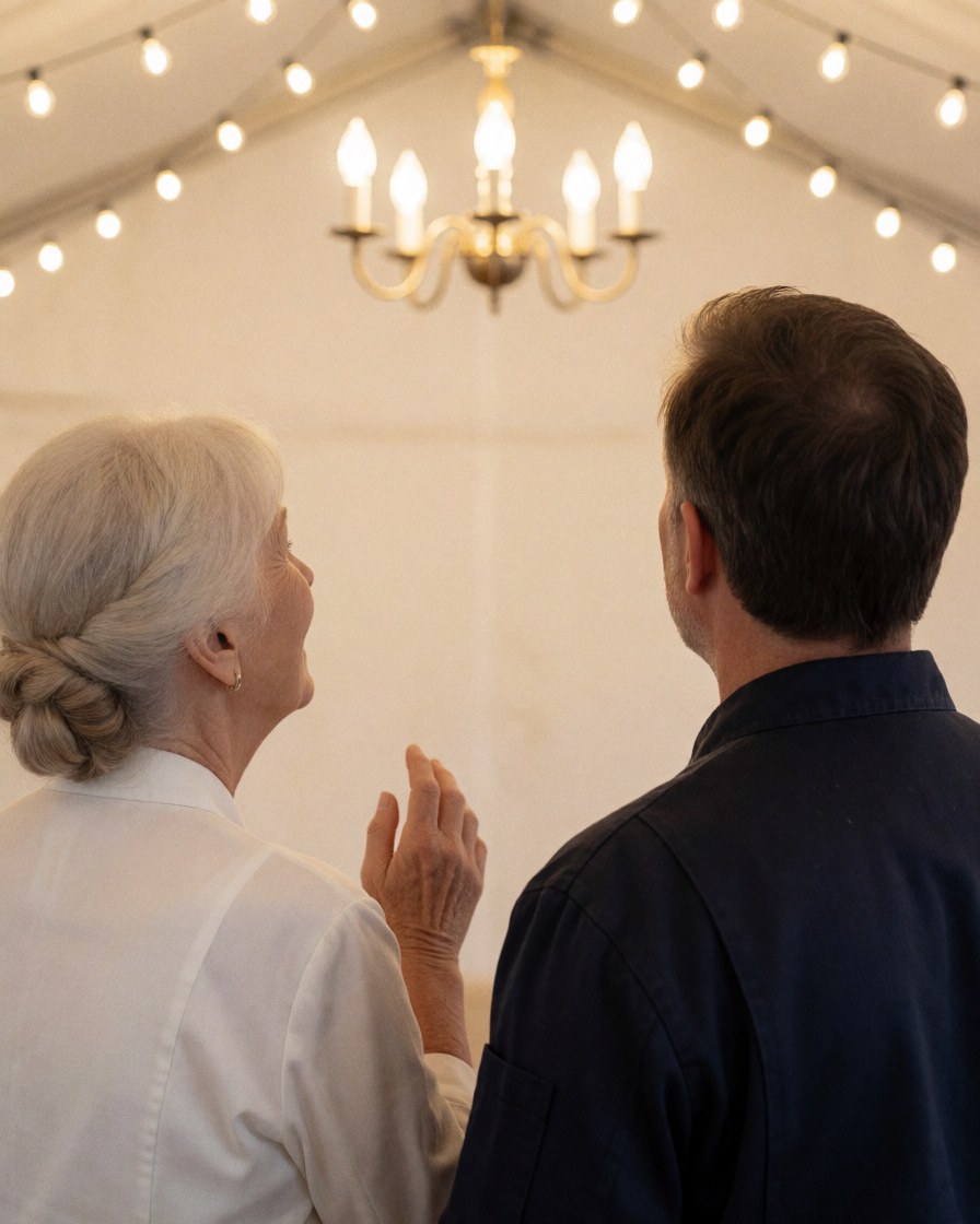 Une cliente souriante observe une lampe suspendue élégante et des guirlandes lumineuses à l'intérieur d'un magasin de location de mobilier.