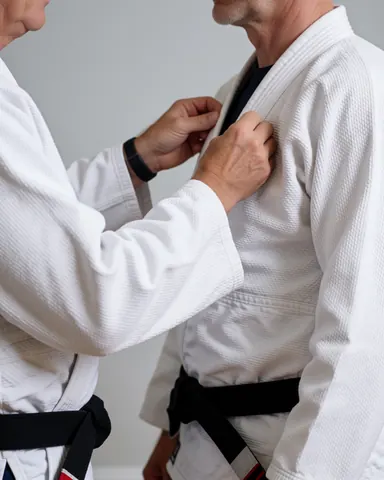 Un instructeur de karate ajuste le col du gi blanc d'un etudiant devant un mur gris clair pour une evaluation.