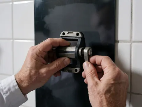 Gros plan sur des mains réglant un pédalier de vélo tout-terrain, avec des composants métalliques et plastiques sur un fond de murs carrelés blancs.