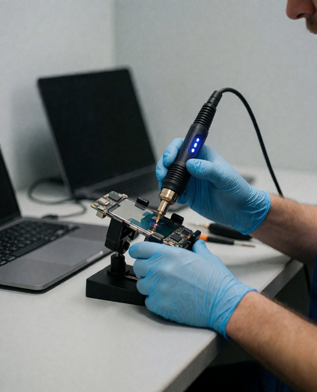 Technicien portant des gants bleus répare une carte mère de smartphone avec un fer à souder dans un atelier avec un ordinateur portable en arrière-plan.