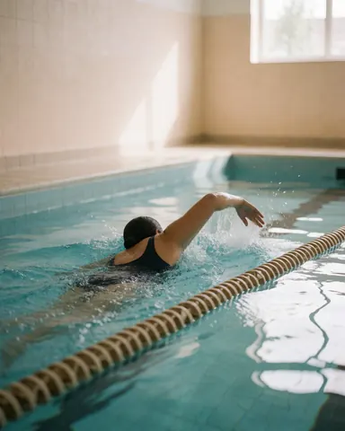 Un adulte nage dans une piscine intérieure avec des lignes de couloir, des murs beige et une lumière naturelle, idéal pour une piscine publique.