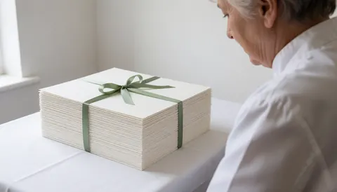 Une pile de menus pour banquet attachés avec un ruban vert sur une table blanche, une personne de dos vérifiant les détails.