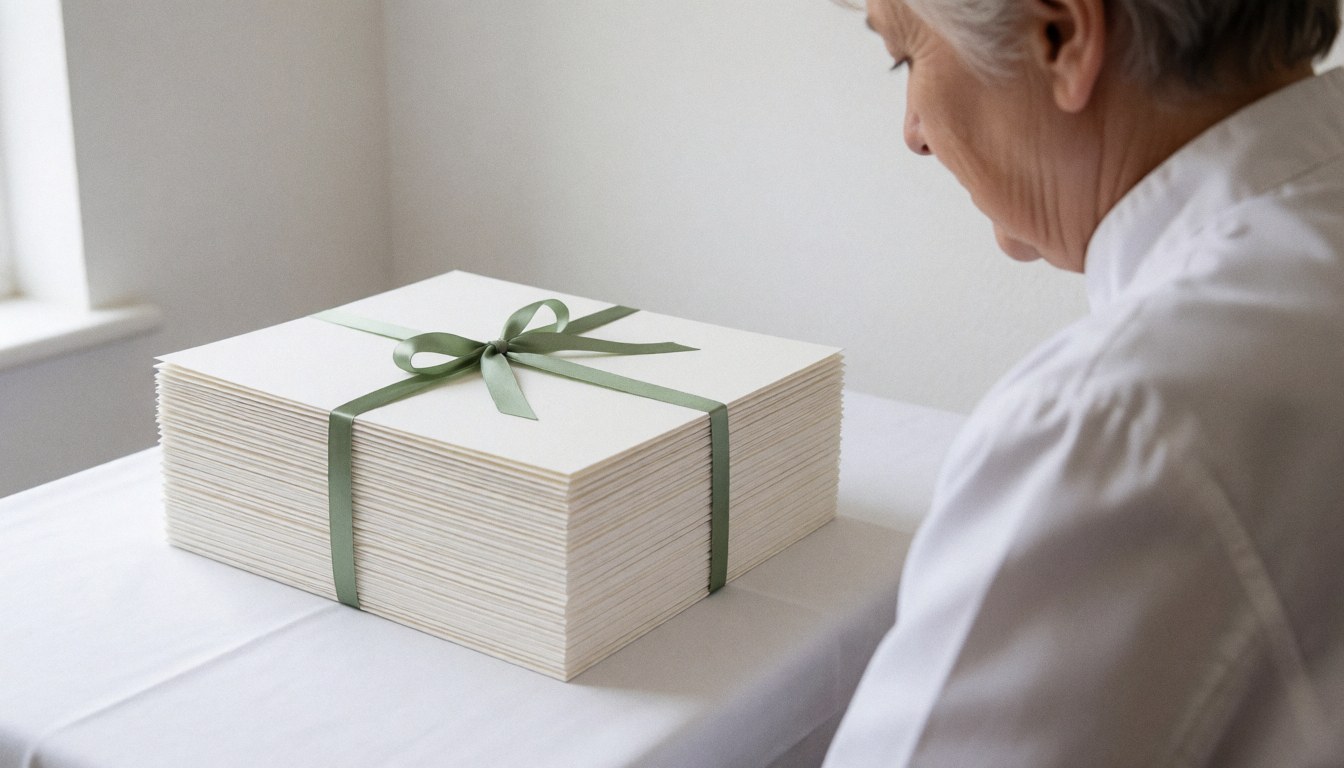 Une pile de menus pour banquet attachés avec un ruban vert sur une table blanche, une personne de dos vérifiant les détails.