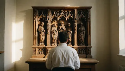 Autel en bois sculpté orné de figures religieuses, baigné de lumière naturelle dans une chapelle aux murs blancs, idéal pour illustrer un artisanat du bois.