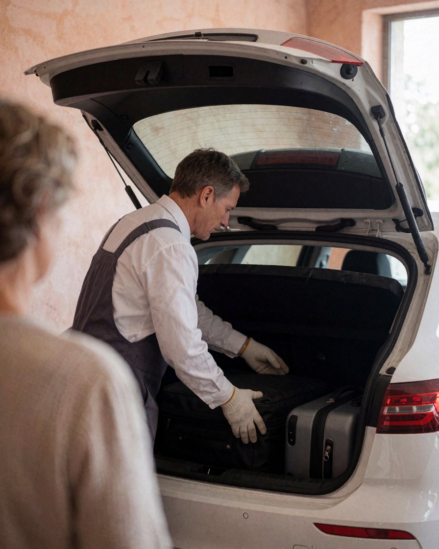 Chauffeur de VTC rangeant les bagages dans le coffre d'une voiture, avec un client de dos, dans une aire de repos.