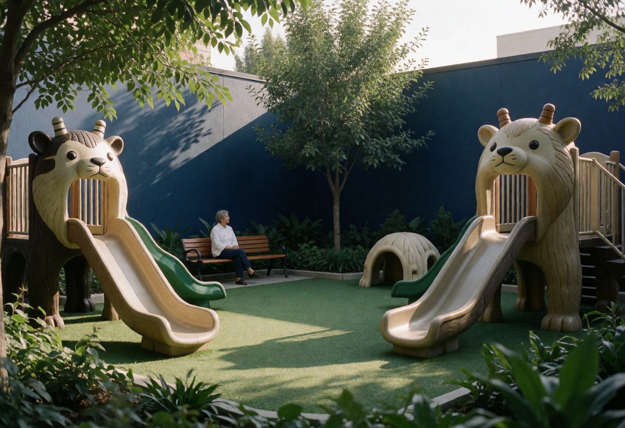 Aire de jeux extérieure avec des toboggans animaliers, un mur bleu, un arbre, un banc et un sol en gazon synthétique, offrant une ambiance calme et sécurisée.