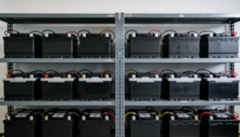 Étagères métalliques contenant des batteries plomb-acide connectées, servant de fond industriel pour des services de réparation de batteries.