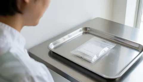 Stéthoscope posé sur un plateau métallique au-dessus d'une table en acier inoxydable dans une clinique aux murs blancs et à la lumière naturelle, idéal pour les services médicaux.