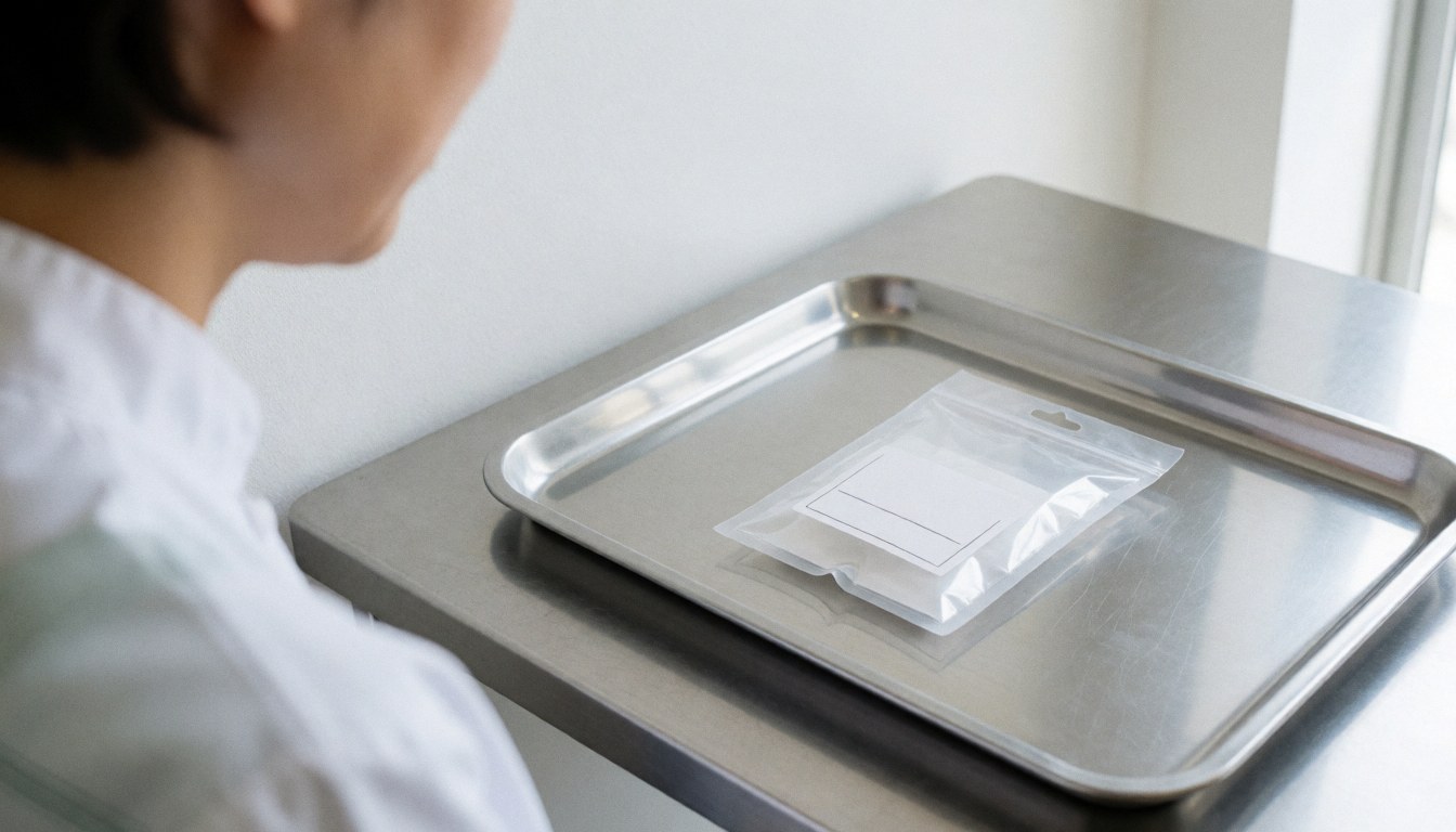 Stéthoscope posé sur un plateau métallique au-dessus d'une table en acier inoxydable dans une clinique aux murs blancs et à la lumière naturelle, idéal pour les services médicaux.
