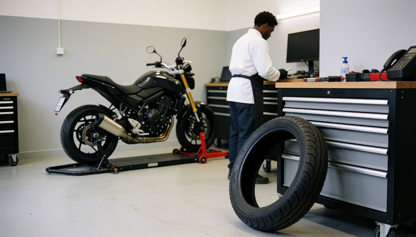 Mécanicien en train de réparer une moto dans un atelier professionnel avec un pneu neuf en premier plan