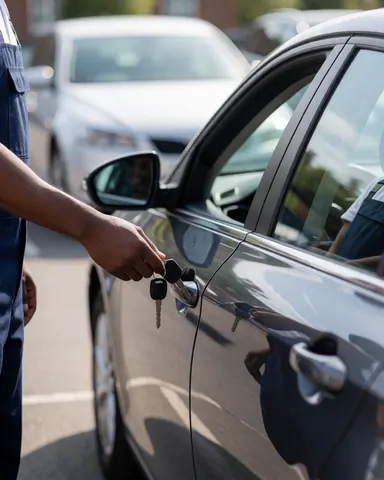 Un employé de lavage automobile remet les clés à un client dans un parking, avec un reflet visible sur la vitre du véhicule sombre.