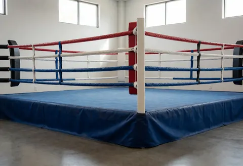 Ring de boxe vide avec cordes rouges, blanches et bleues, coin avec coussin noir, sol en béton poli, fenêtres hautes avec lumière naturelle, idéal pour un gymnase.