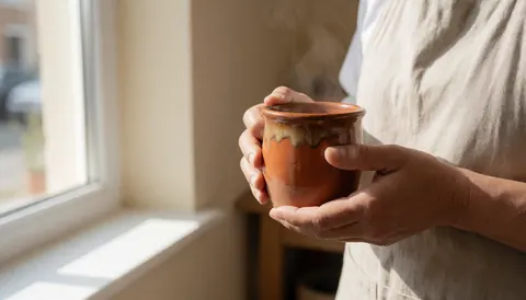 Mains tenant une tasse de céramique fumante près d'une fenêtre, murs beige, idéal pour un atelier de poterie.