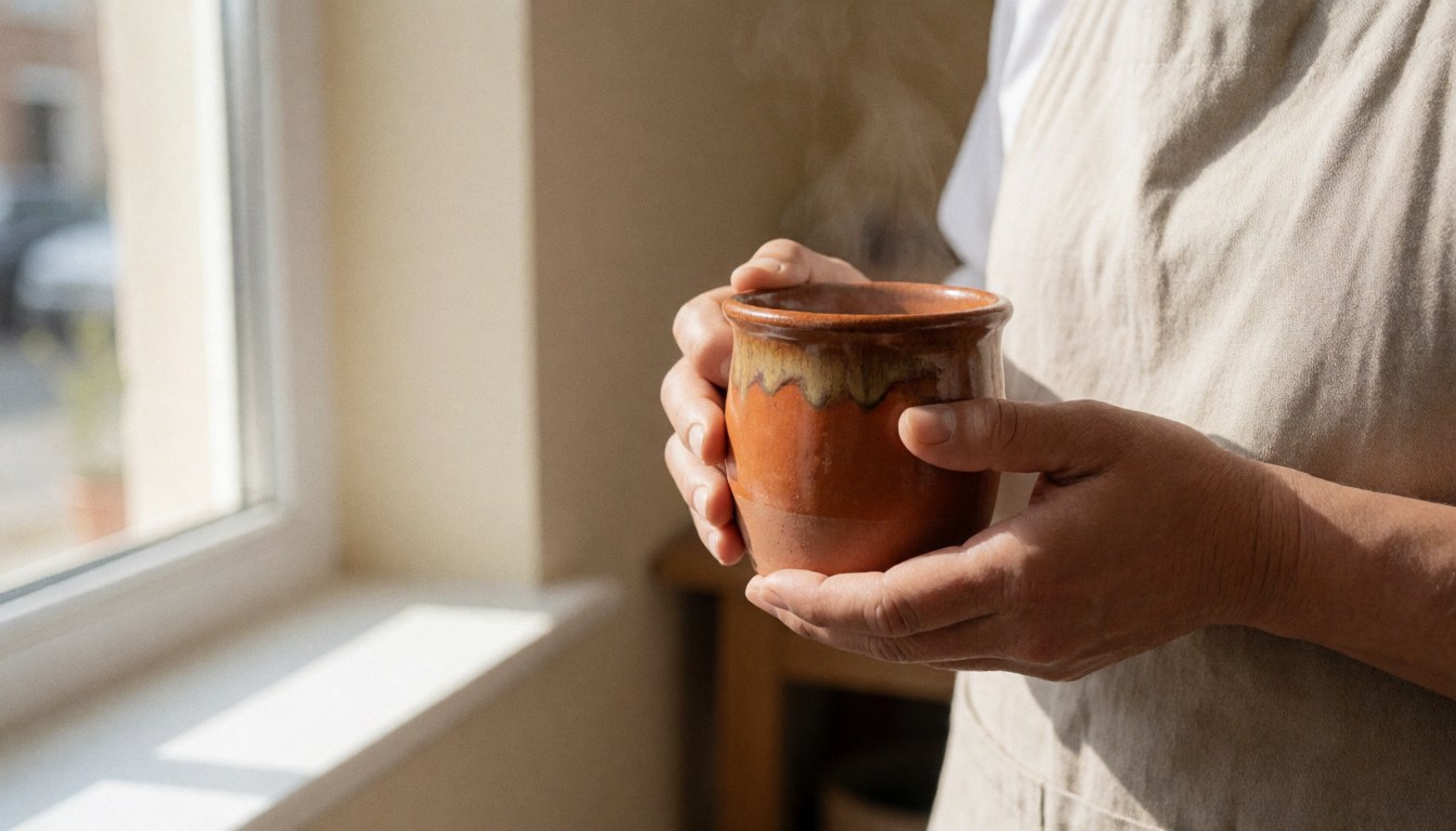 Mains tenant une tasse de céramique fumante près d'une fenêtre, murs beige, idéal pour un atelier de poterie.