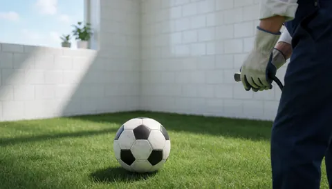 Ballon de football noir et blanc sur l'herbe verte, mur de carreaux blancs, main avec gant de travail, lumière solaire vive, scène d'entraîneur de football.