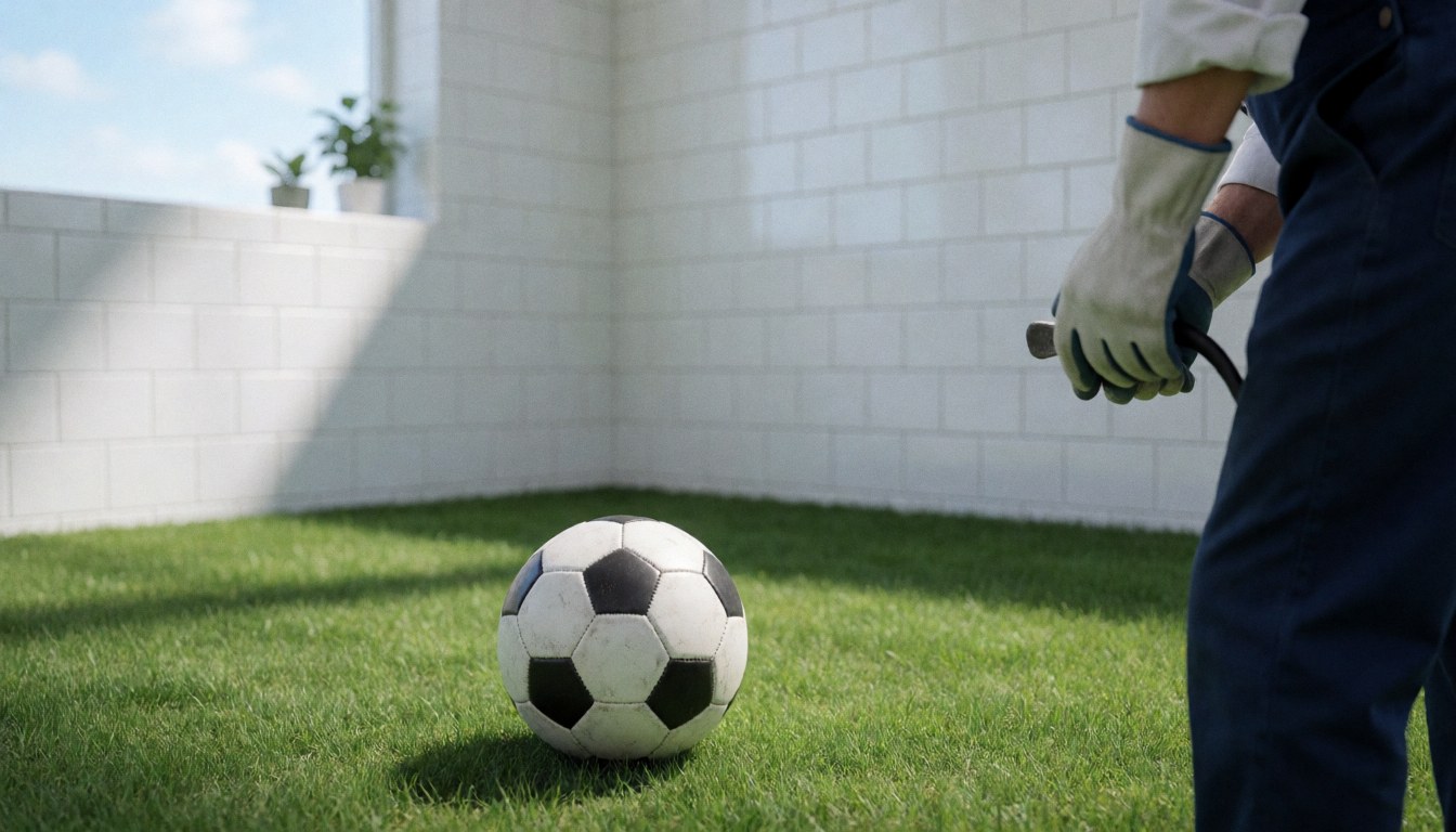 Ballon de football noir et blanc sur l'herbe verte, mur de carreaux blancs, main avec gant de travail, lumière solaire vive, scène d'entraîneur de football.