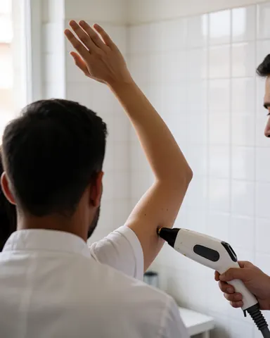 Un professionnel réalise un traitement d'épilation laser sur le bras d'un client dans une clinique aux murs carrelés blancs et à la lumière naturelle.